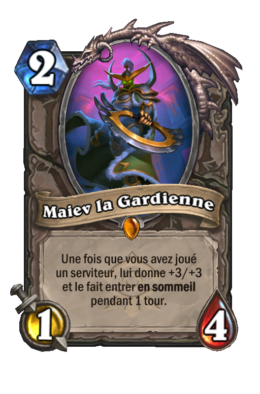 Rendu français de la carte Maiev la Gardienne, légendaire neutre à 2 cristaux