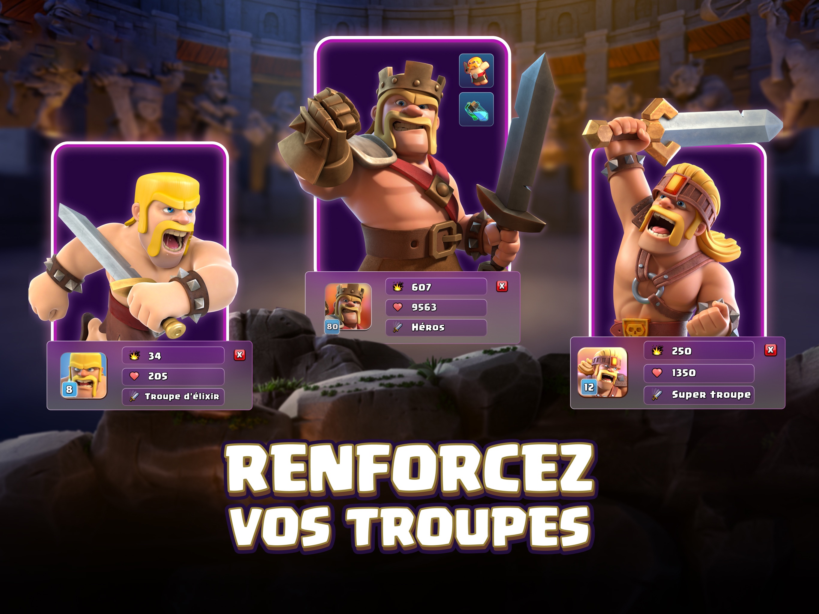 Trois cartes de troupes de Clash of Clans en français affichant leurs dégâts et leurs points de vie, avec les mentions Troupe d'élixir, Héros et Super troupe