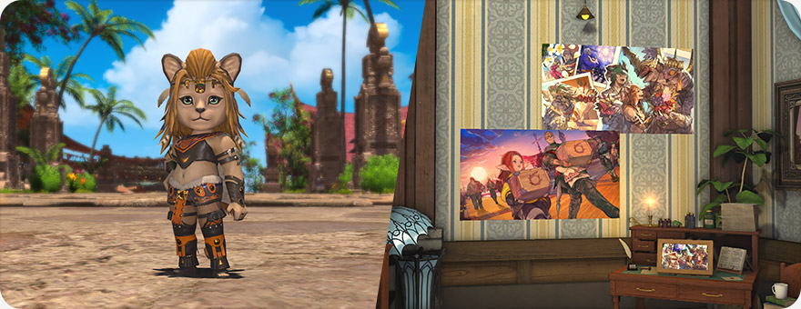 Visuel officiel montrant la mascotte Wuk Lamat miniature et un intérieur décoré de deux affiches murales et d'un petit tableau posé sur un bureau