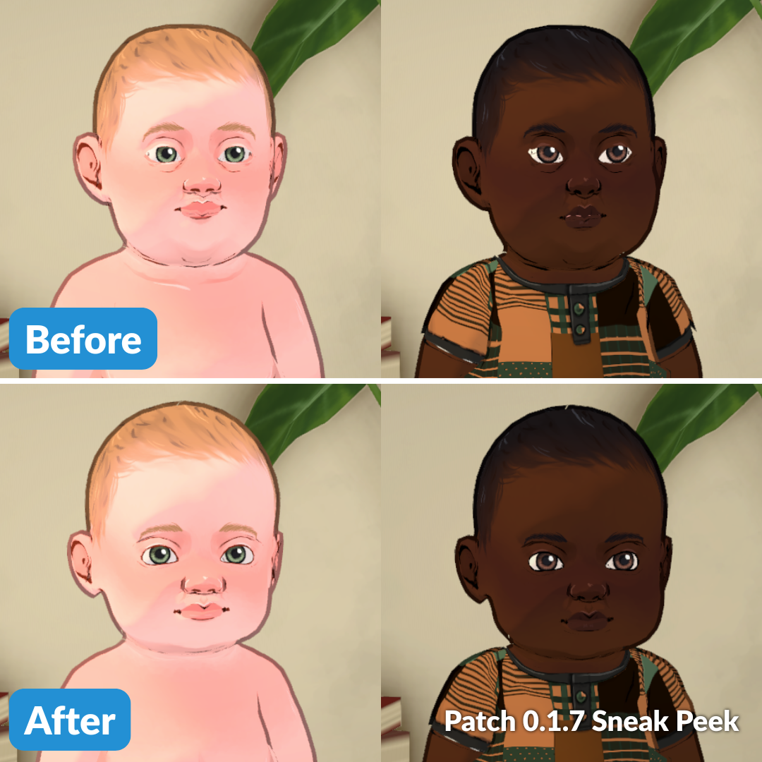 Comparativa antes/después de los modelos de bebés de Paralives para el parche 0.1.7