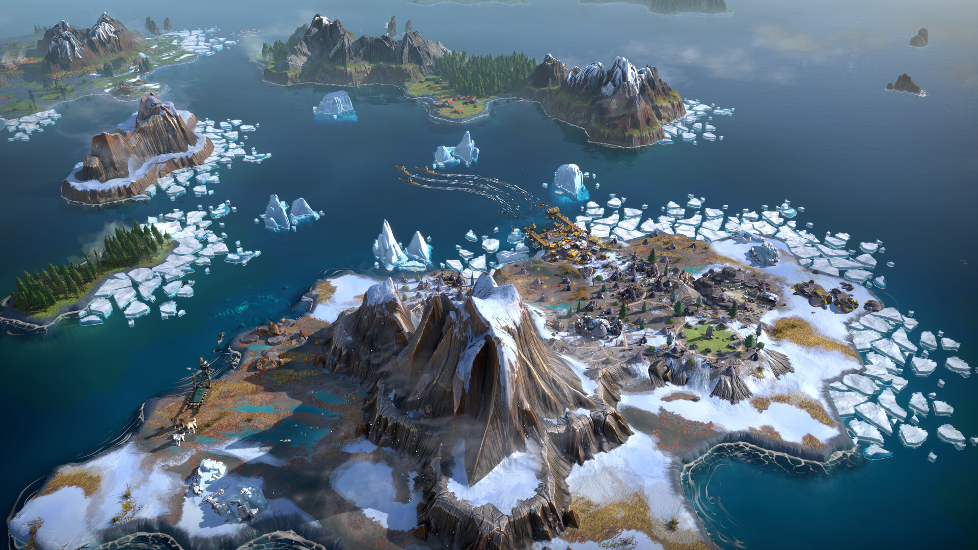 Vue aérienne d'un archipel polaire dans Humankind 2, avec un campement installé sur une île enneigée entourée de banquise et d'icebergs