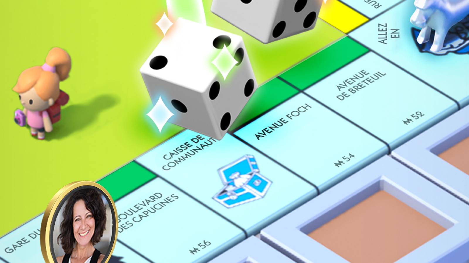 Le plateau français de MONOPOLY GO! avec les cases Caisse de communauté, Avenue Foch et Avenue de Breteuil, deux dés en vol