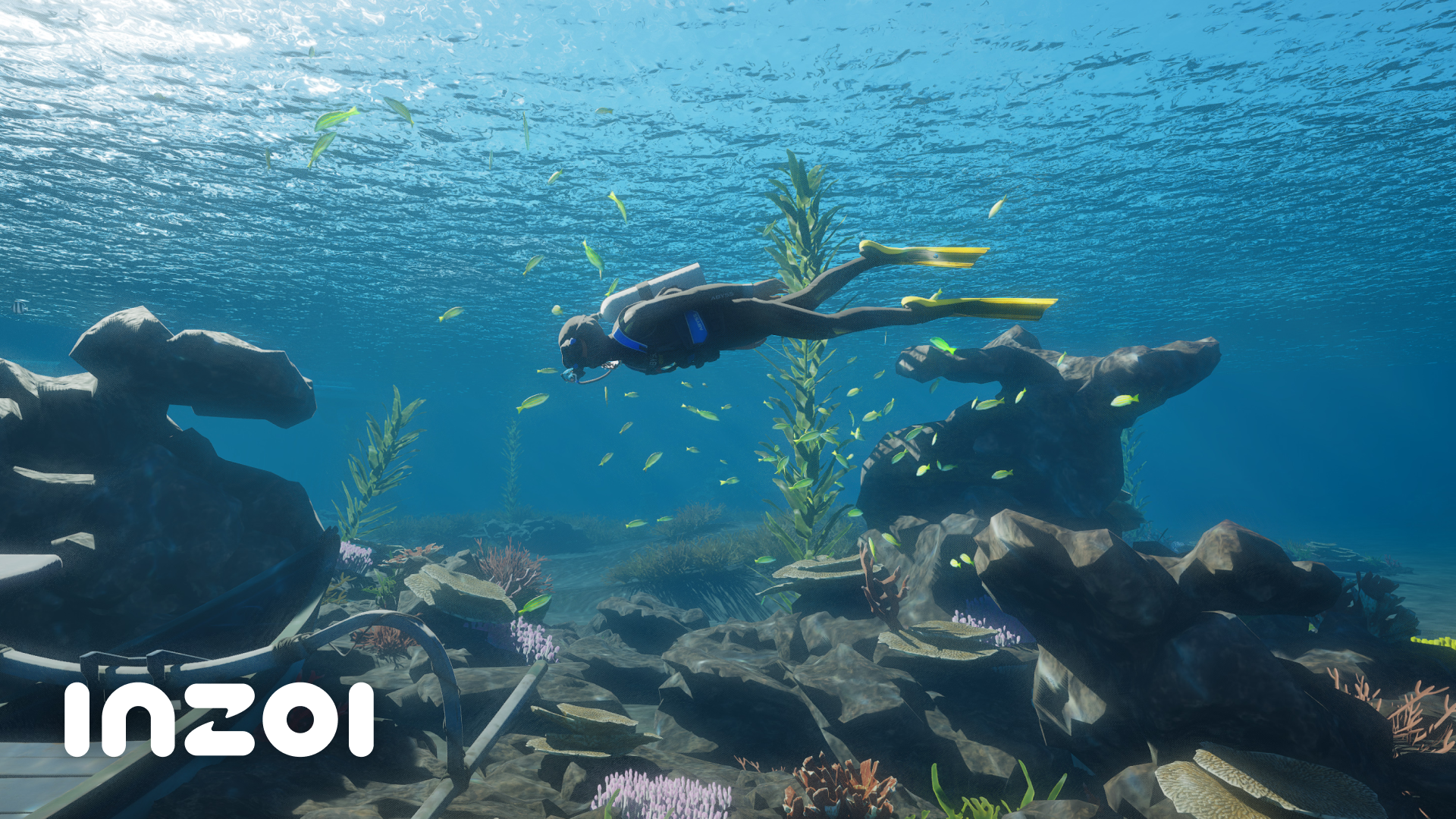 Une Zoi en combinaison de plongée sous l'eau, illustration officielle des activités aquatiques de la mise à jour v0.10.0 d'inZOI