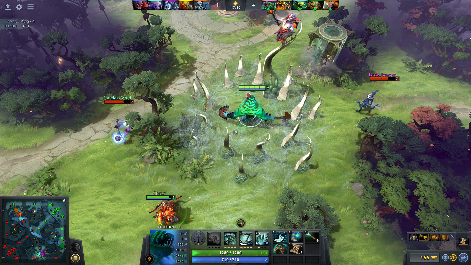 Combat d'équipe dans la jungle avec un Ravage de Tidehunter dans Dota 2