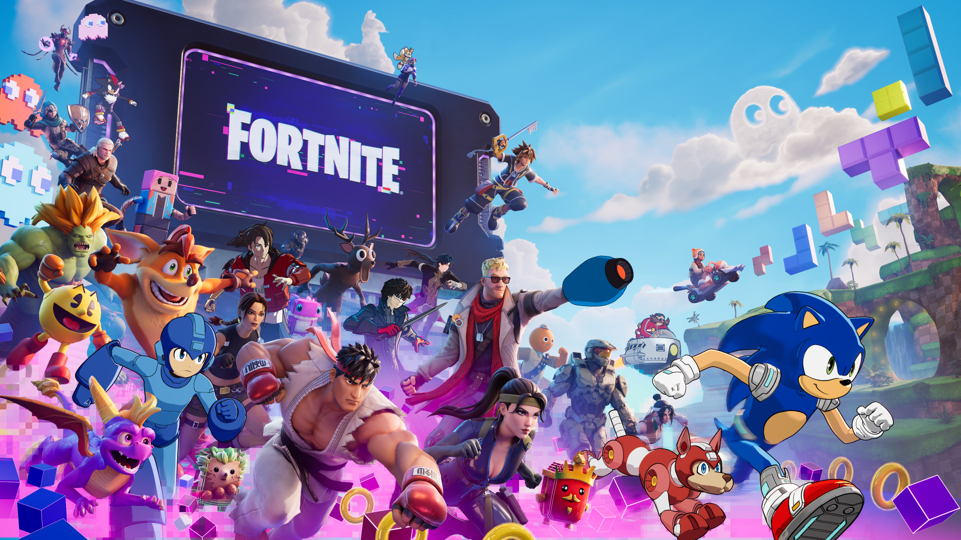 Illustration principale du Chapitre 7 Saison 4 de Fortnite : Sonic, Mega Man, Pac-Man, Crash Bandicoot et Ryu courent devant un écran géant au logo Fortnite parasité