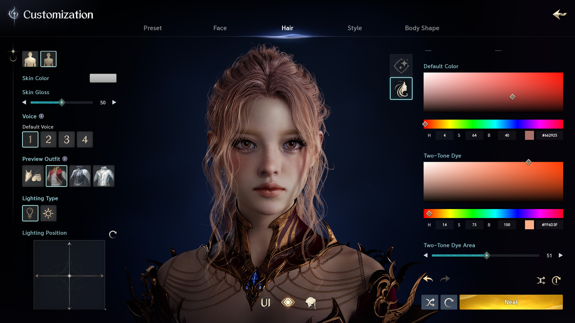 Écran de création de personnage d'AION 2, avec les paramètres de visage et de chevelure affichés en anglais