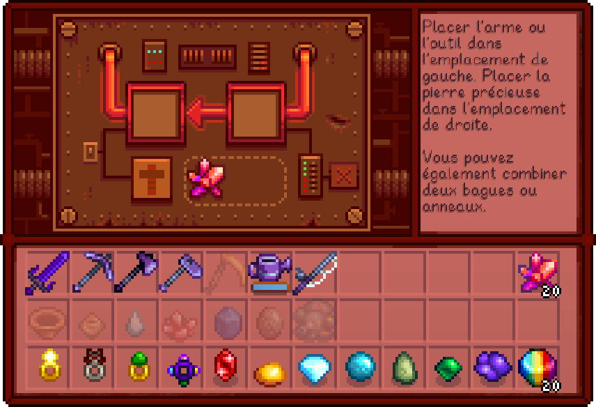Interface française de la Forge de Stardew Valley, avec les emplacements d'objet et de gemme