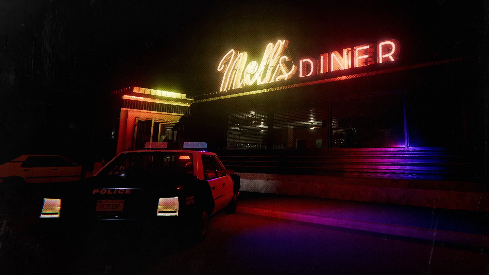 L'enseigne au néon de Nell's Diner la nuit, avec une voiture de police garée devant, dans Phasmophobia