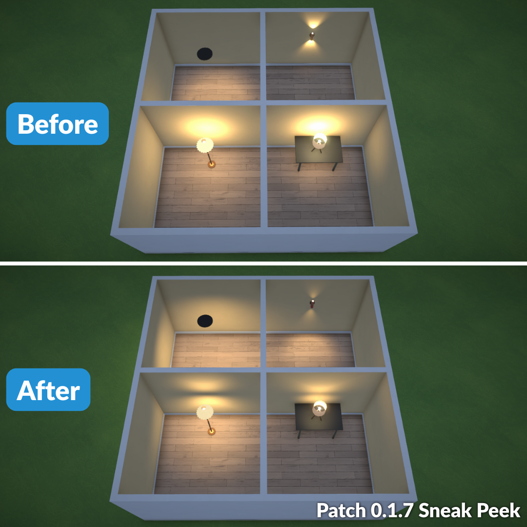 Comparativa antes/después de la iluminación interior de Paralives en el parche 0.1.7