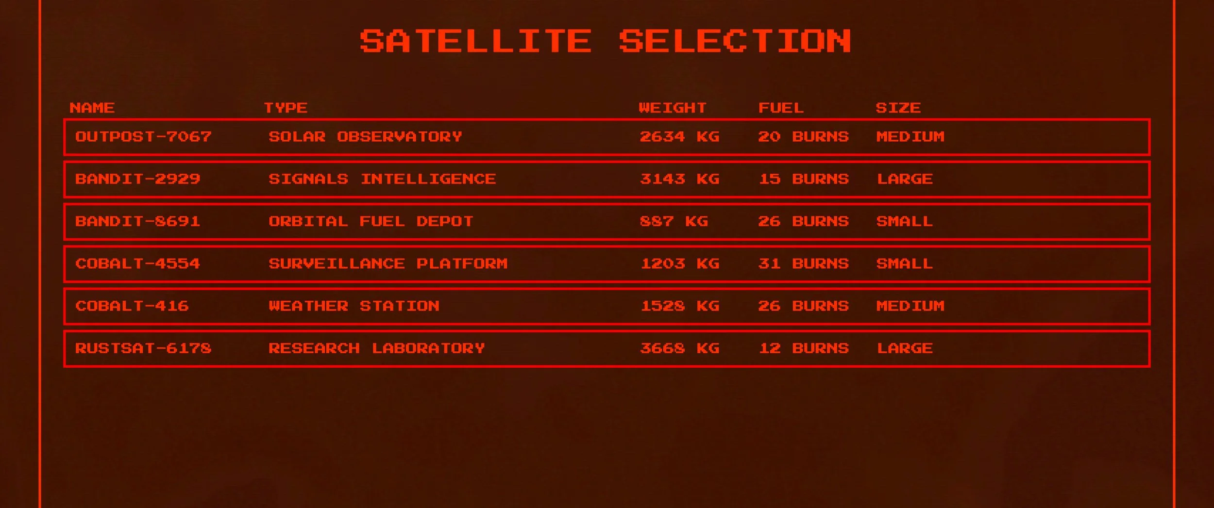 Rust'ta Launch Site terminalindeki uydu seçim ekranı