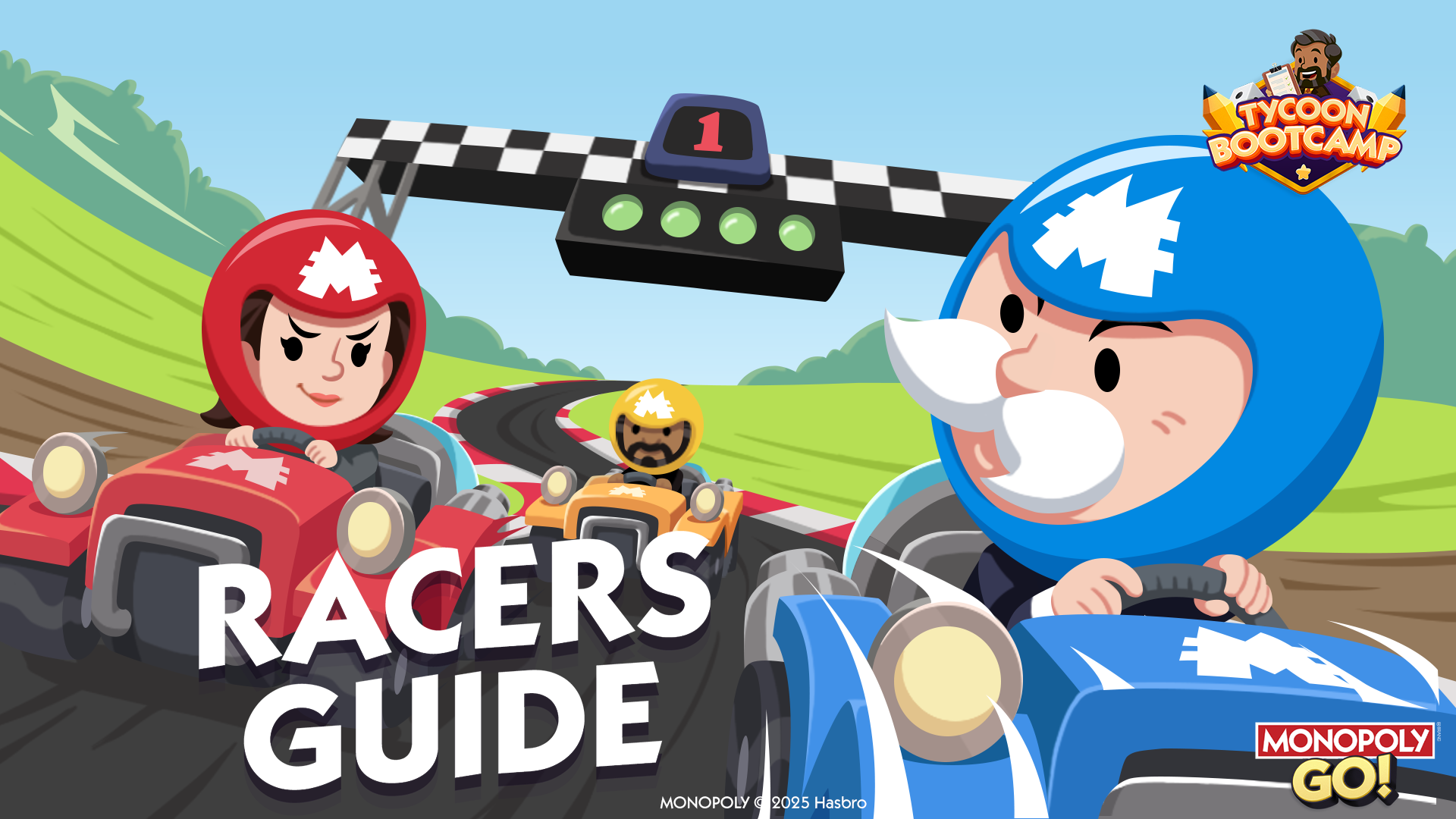 Illustration officielle du guide Racers de MONOPOLY GO! montrant trois karts aux couleurs des équipes franchissant une ligne d'arrivée à damier
