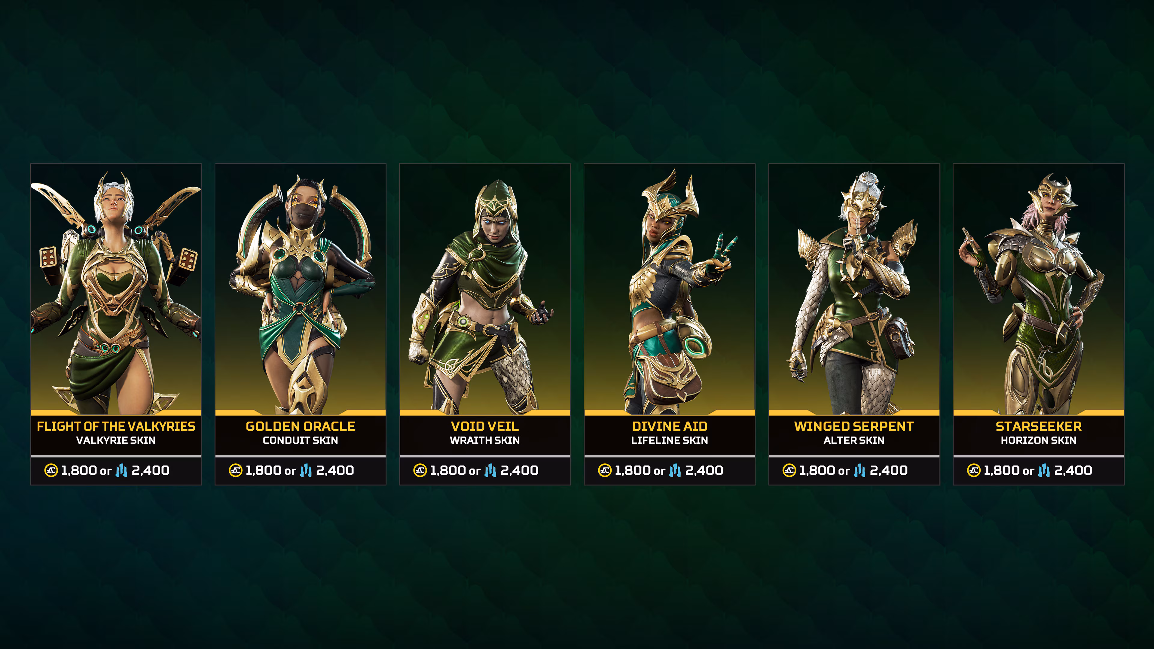 Les six skins légendaires de la collection Traque avancée d'Apex Legends, pour Valkyrie, Conduit, Wraith, Lifeline, Alter et Horizon, avec leur prix affiché sous chaque personnage.