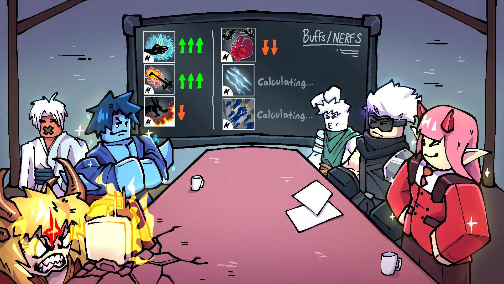 Illustration officielle Blox Fruits montrant les personnages du jeu réunis devant un tableau listant les buffs et les nerfs