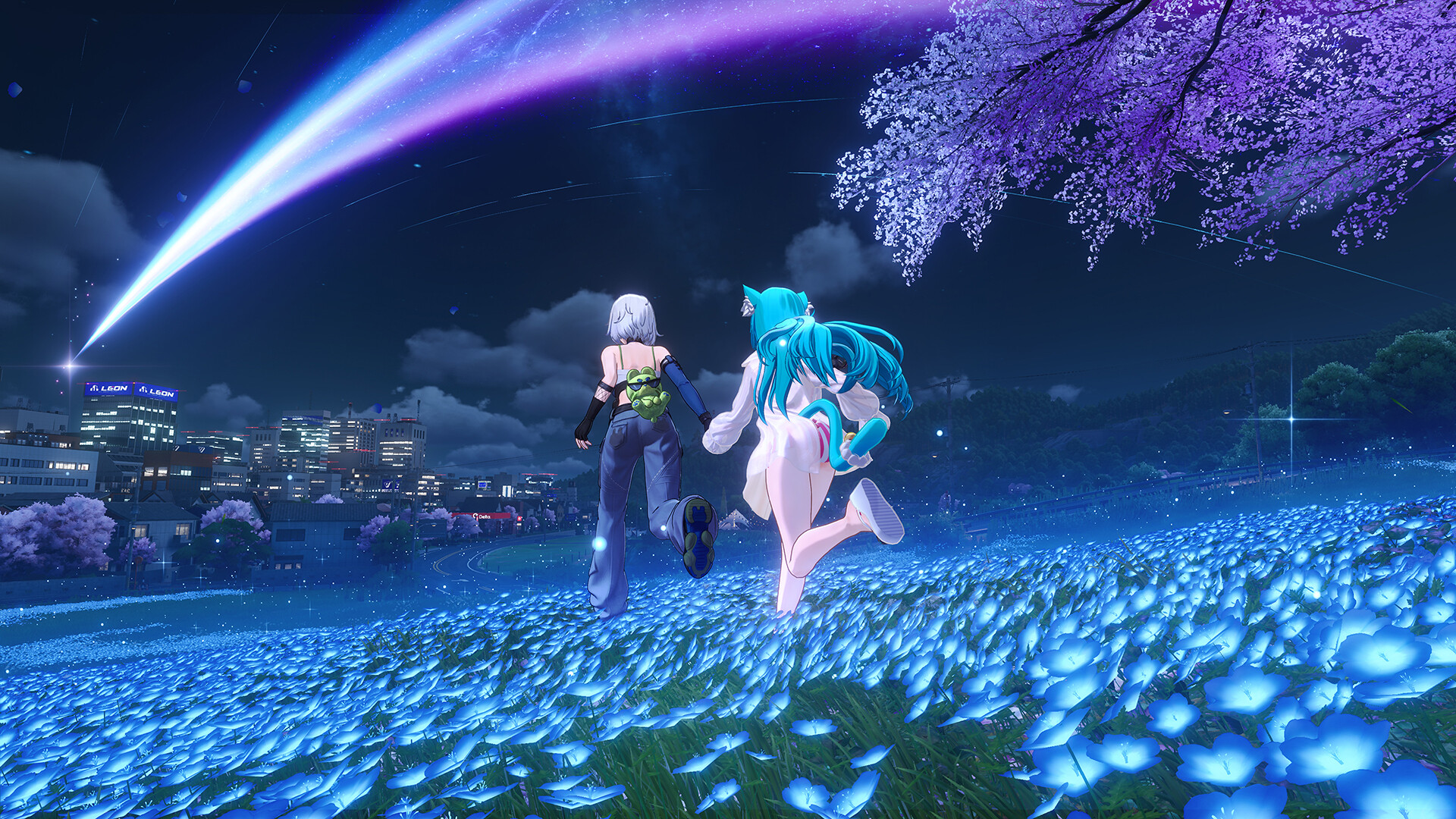 Deux personnages de NTE courent la nuit dans un champ de fleurs bleues lumineuses, les immeubles éclairés de la ville en arrière-plan