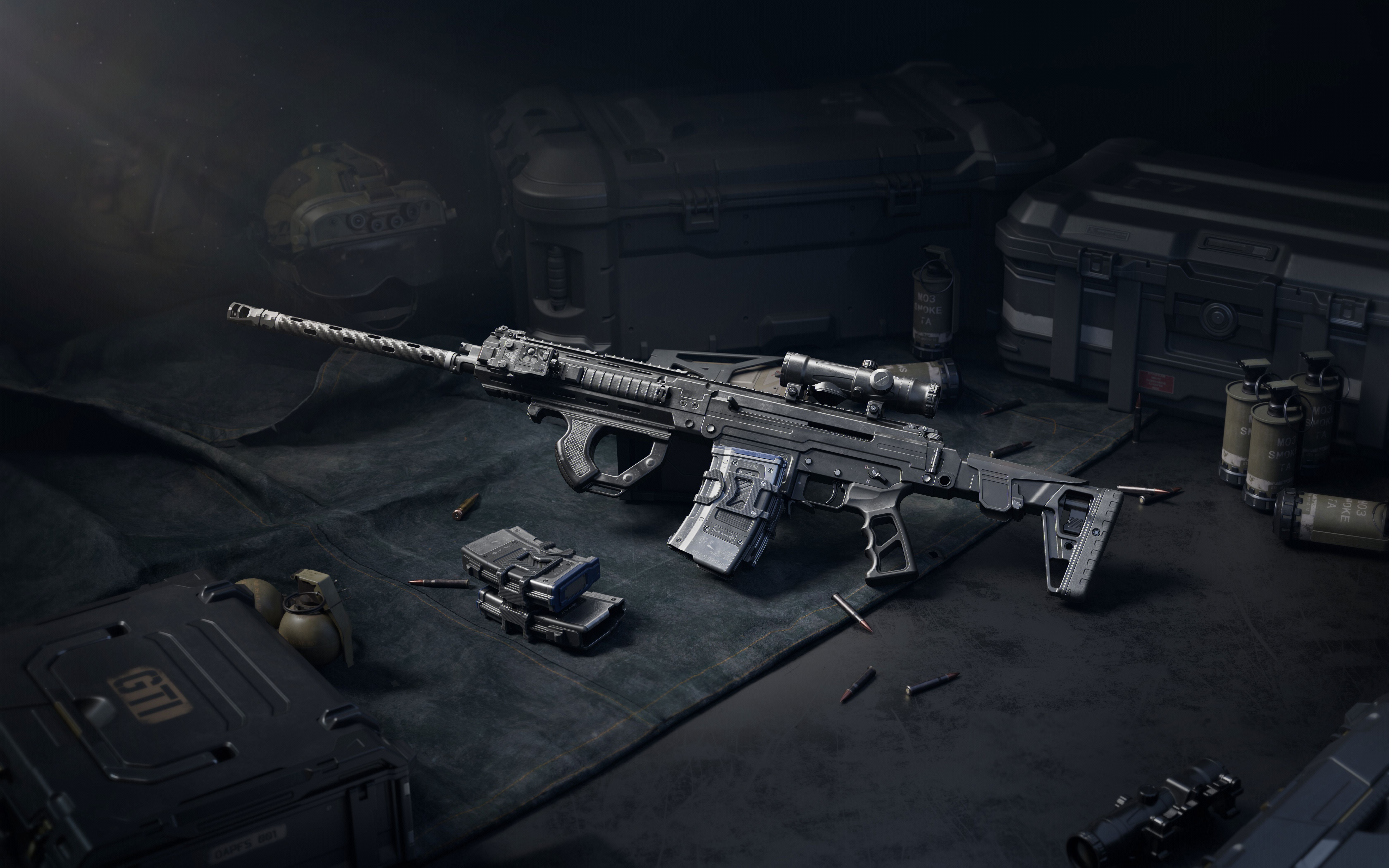 Le fusil de précision SVCH de Delta Force posé sur une table d'armurerie