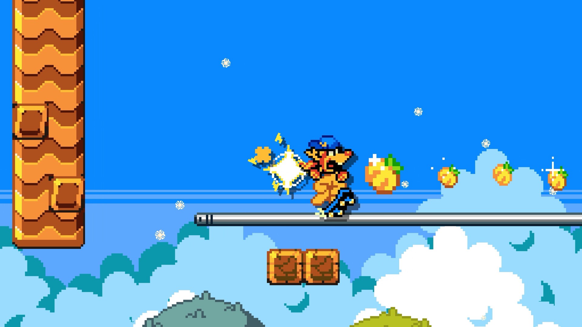 Volvy, petite mascotte pixelisée coiffée d'une casquette bleue, glisse sur un rail métallique au-dessus des nuages en ramassant des oignons.