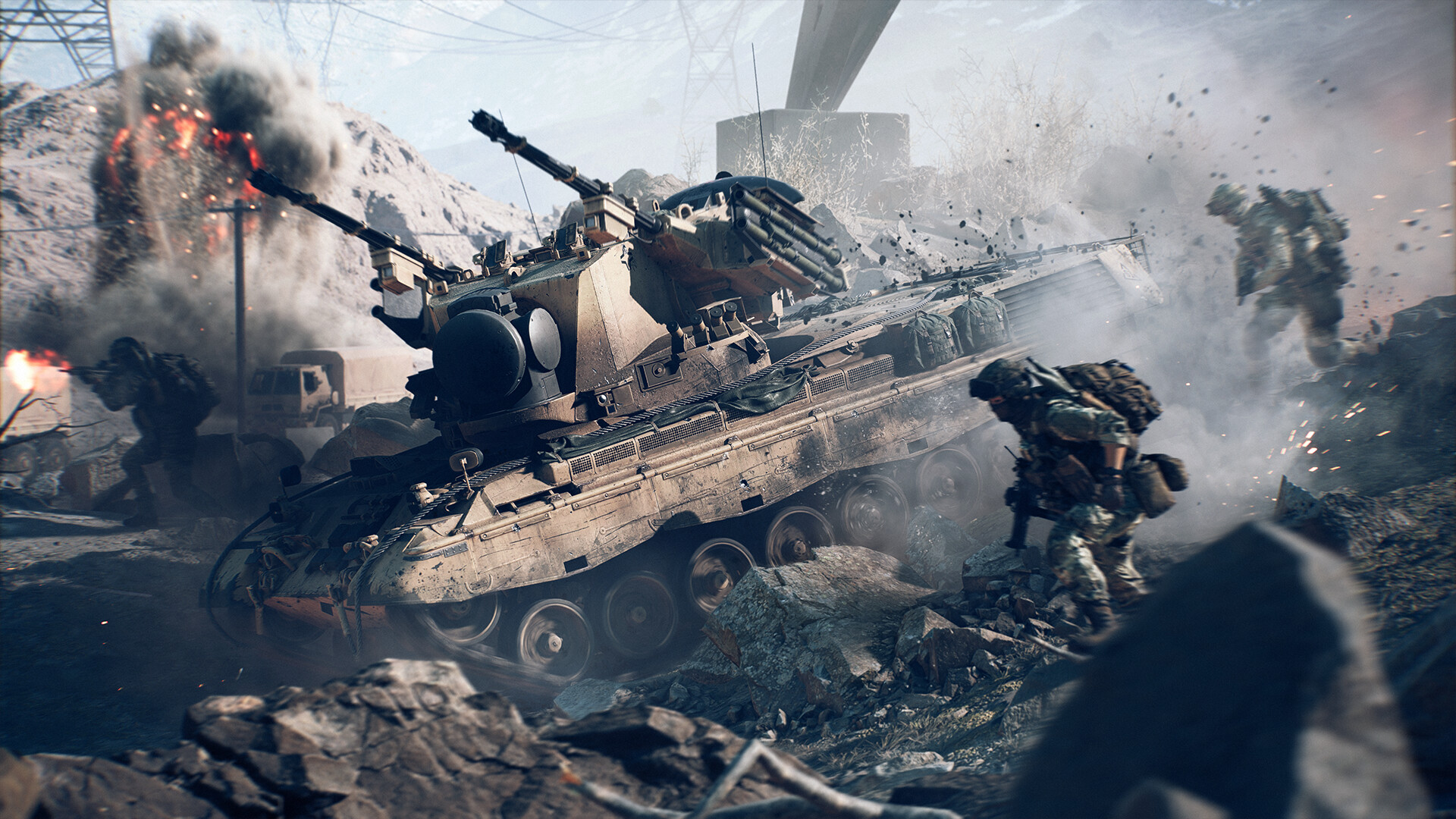 Un char et de l'infanterie progressant sous un viaduc dans Battlefield 6