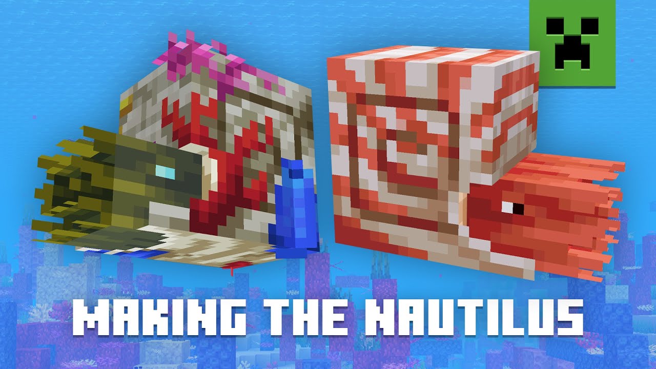 Deux nautiles de Minecraft nagent au-dessus d'un fond corallien : à gauche une bête aux tentacules vert olive dont la coquille est couverte de coraux rouges et roses, à droite un nautile orange à la coquille rayée de blanc et de rouge.