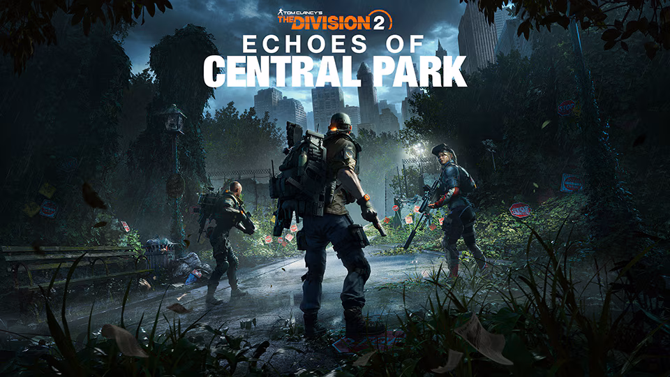 Trois agents de la Division, armes au poing, avancent sur une allée détrempée d'un Central Park envahi par la végétation, avec les gratte-ciel de New York en arrière-plan