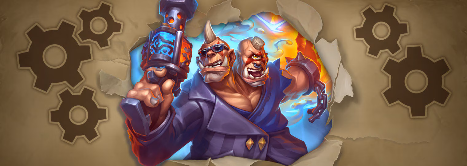 Bandeau officiel des notes de la mise à jour 36.2.2 : deux personnages de Hearthstone armés d'un marteau et d'une masse à chaîne surgissent d'un parchemin déchiré, sur fond d'engrenages.