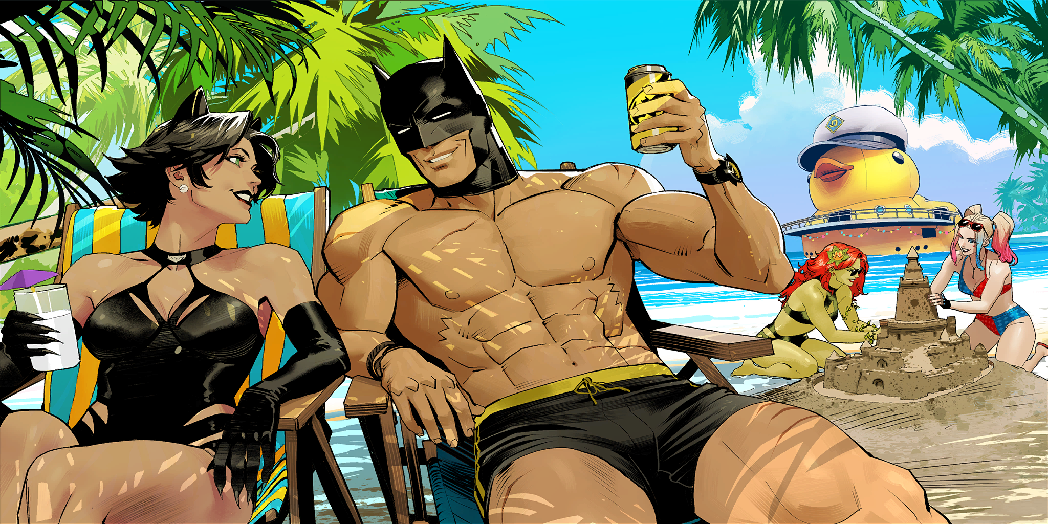 Écran de chargement de style bande dessinée montrant Batman et Catwoman sur des transats, Poison Ivy et Harley Quinn construisant un château de sable