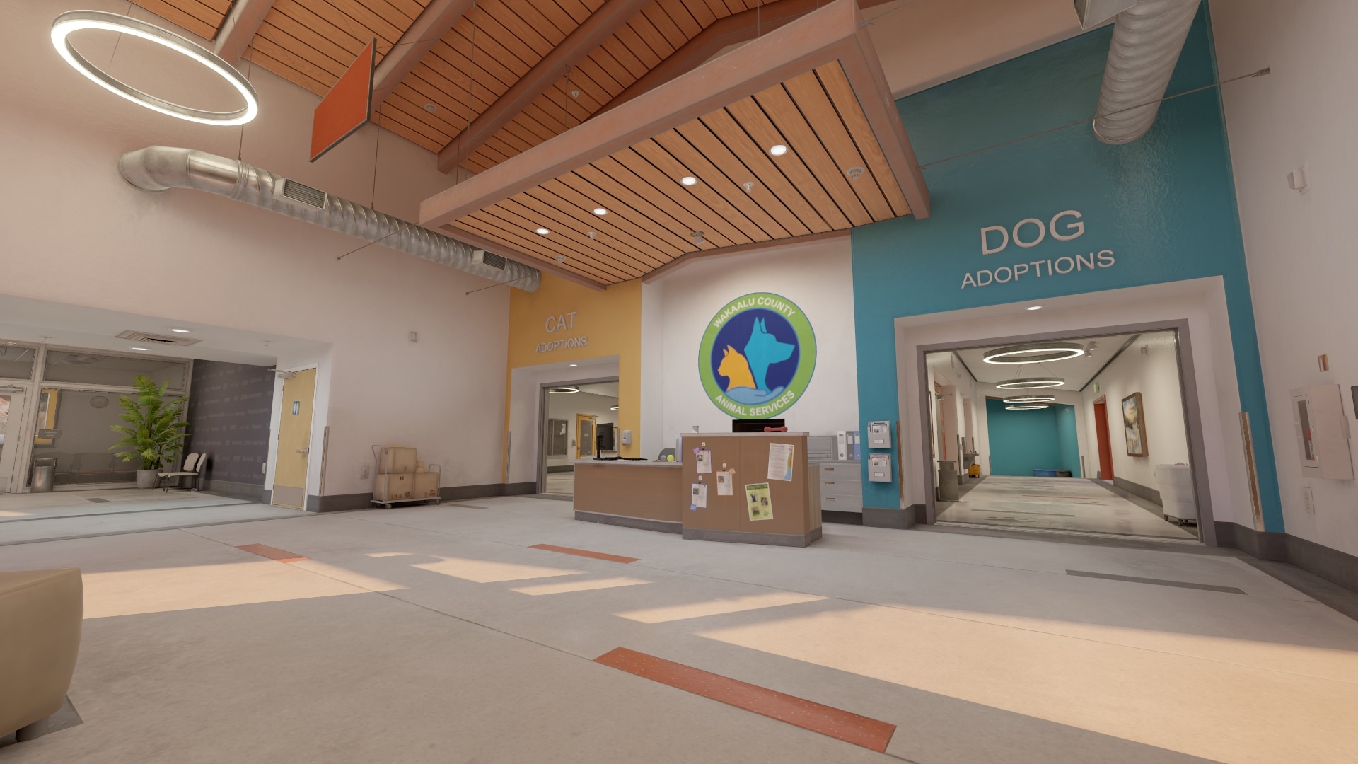 Hall d'accueil du refuge sur la carte Shelter de Counter-Strike 2, avec les accès Dog Adoptions et Cat Adoptions