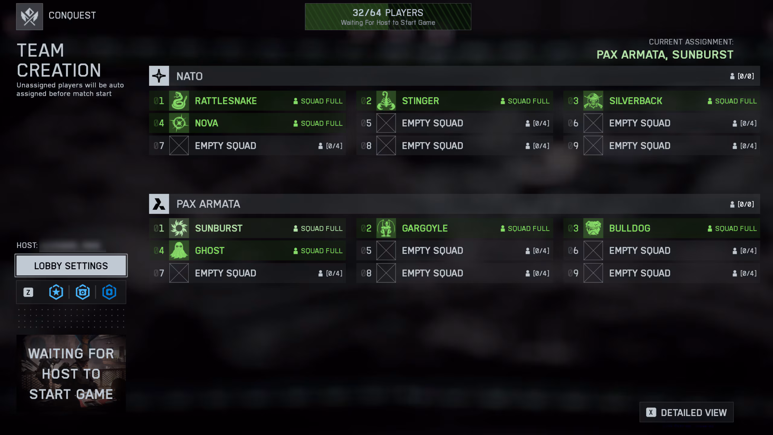 Écran de création d'équipes du salon d'avant-match de Battlefield 6, avec les escouades réparties entre les factions OTAN et Pax Armata