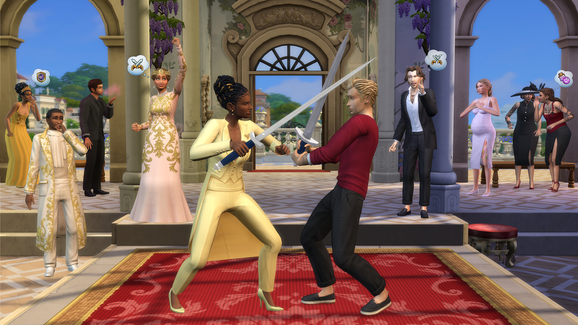 Deux Sims croisent le fer en duel devant la cour dans Les Sims 4 Héritage et royauté