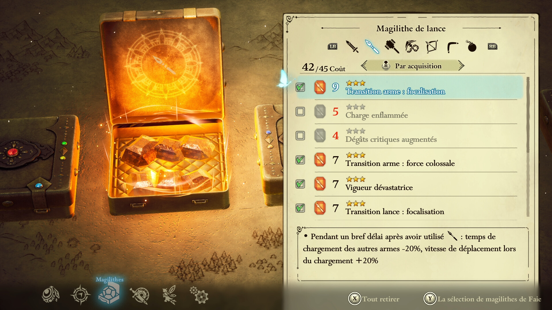 Menu des magilithes en français dans The Adventures of Elliot, onglet de la lance, budget de coût de 42 sur 45