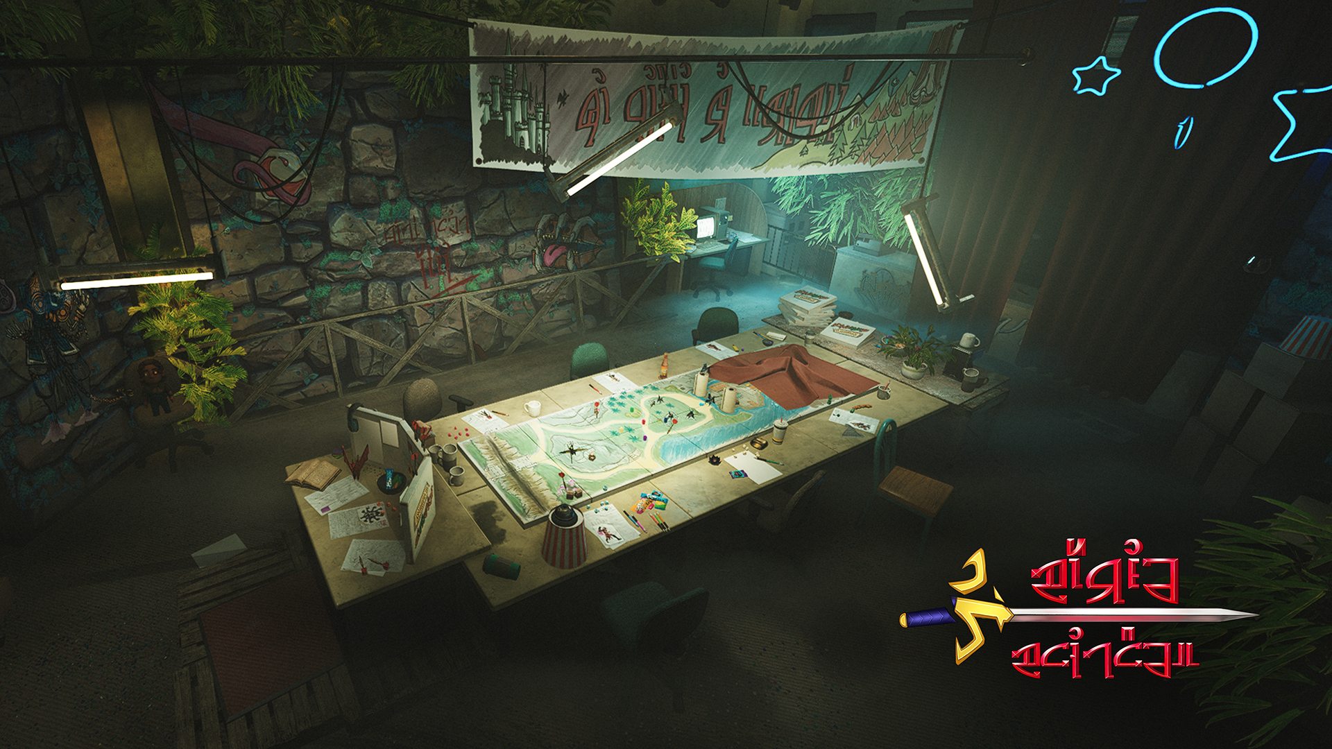 Table de jeu de plateau Fables et Frontières éclairée aux néons dans une arrière-salle de Höllvanie