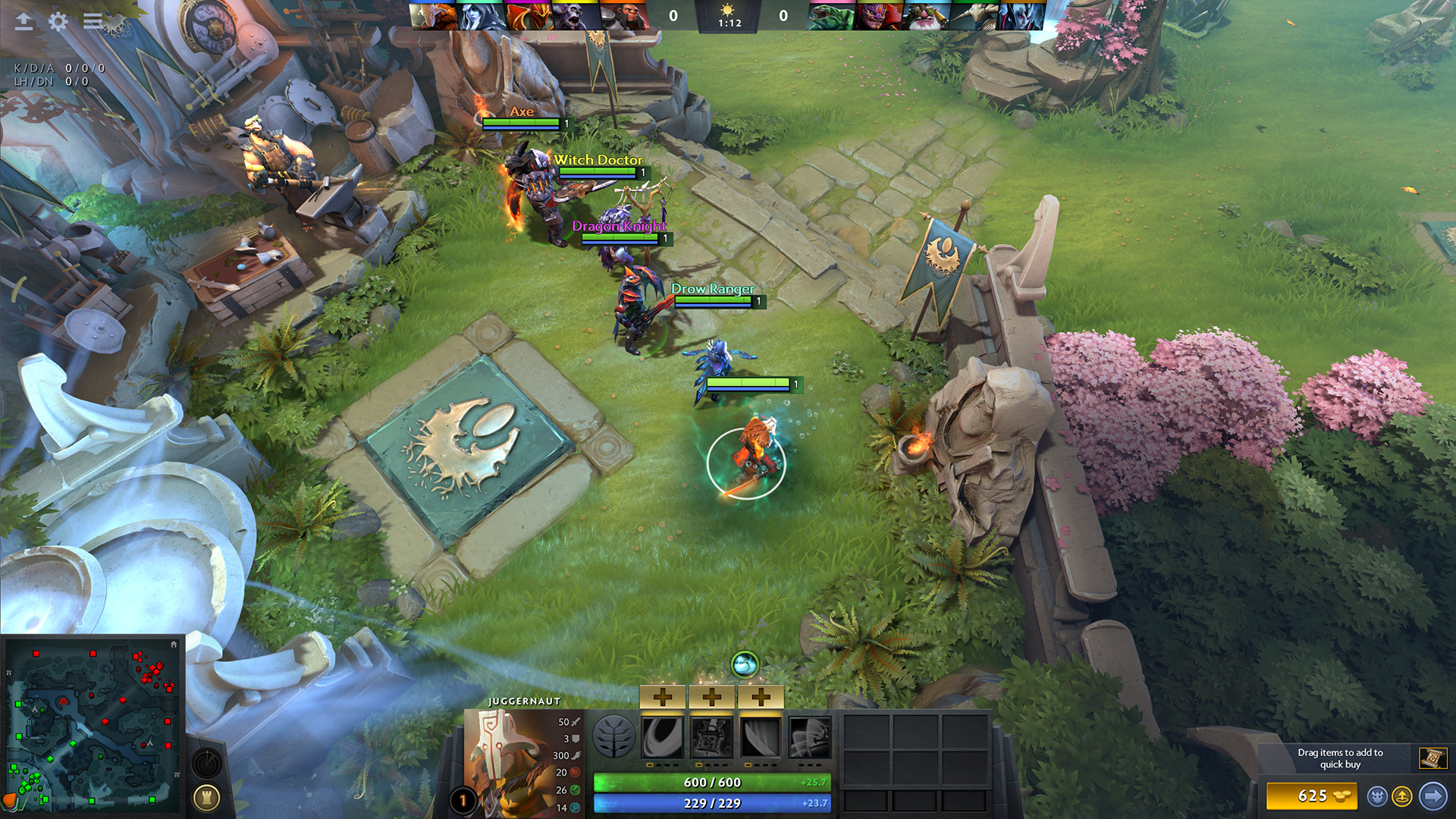 Début de partie sur Dota 2 : cinq héros de niveau 1, dont Juggernaut, Axe, Witch Doctor, Dragon Knight et Drow Ranger, quittent leur base après une minute de jeu.