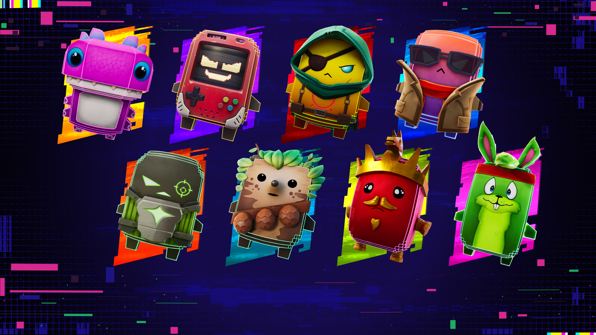 Huit esprits de la saison Système hacké de Fortnite dans leurs couleurs habituelles, sur un fond bleu parasité