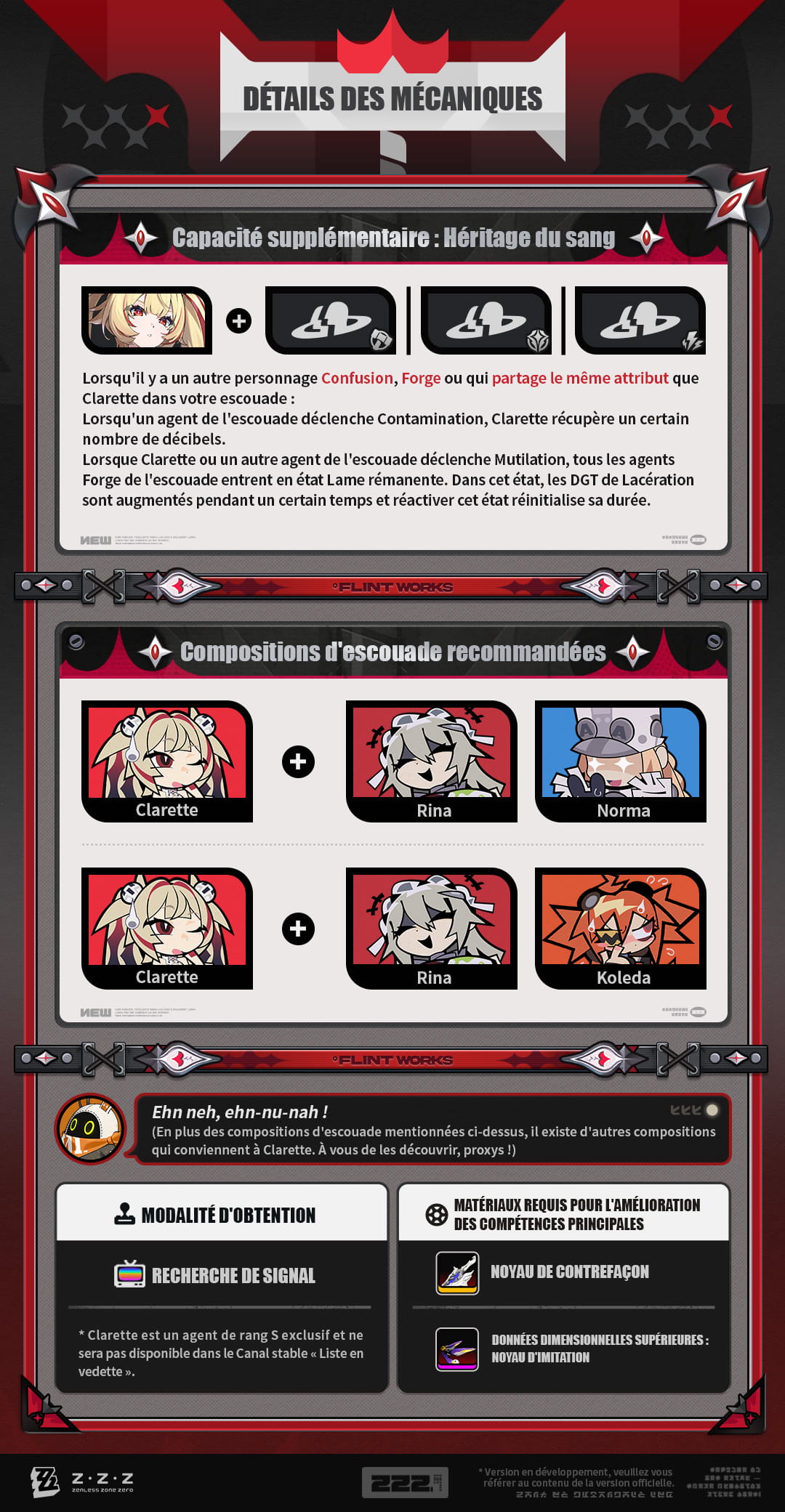 Infographie officielle française détaillant la capacité Héritage du sang de Clarette, les deux compositions d'escouade recommandées et les matériaux d'amélioration