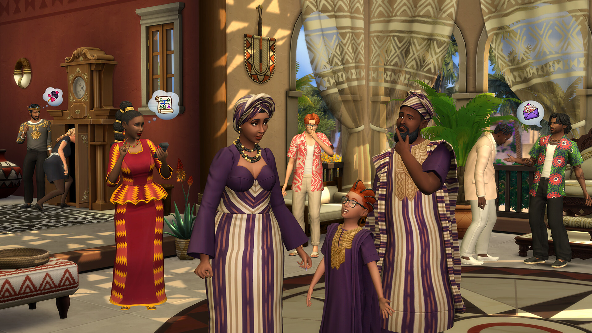 Une famille réunie dans un intérieur du monde d'Ondarion, dans Les Sims 4 Héritage et royauté