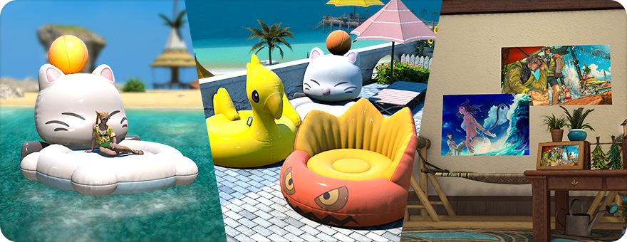 Les récompenses des Feux de la Mort 2026 : la monture Caravane flottante mog sur l'eau, les matelas gonflables chocobo, Mog et bombo, et les affiches d'intérieur