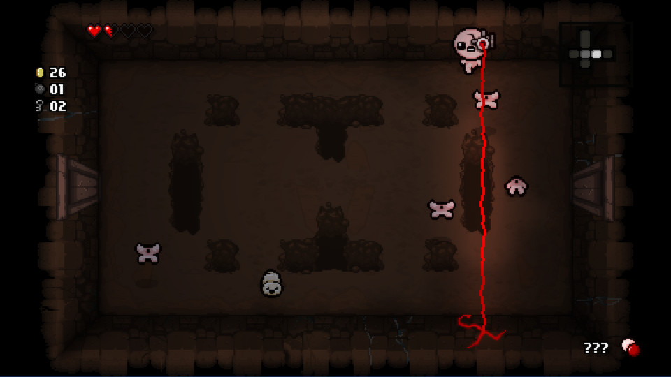 Isaac tire un rayon rouge dans une salle sombre de The Binding of Isaac: Rebirth