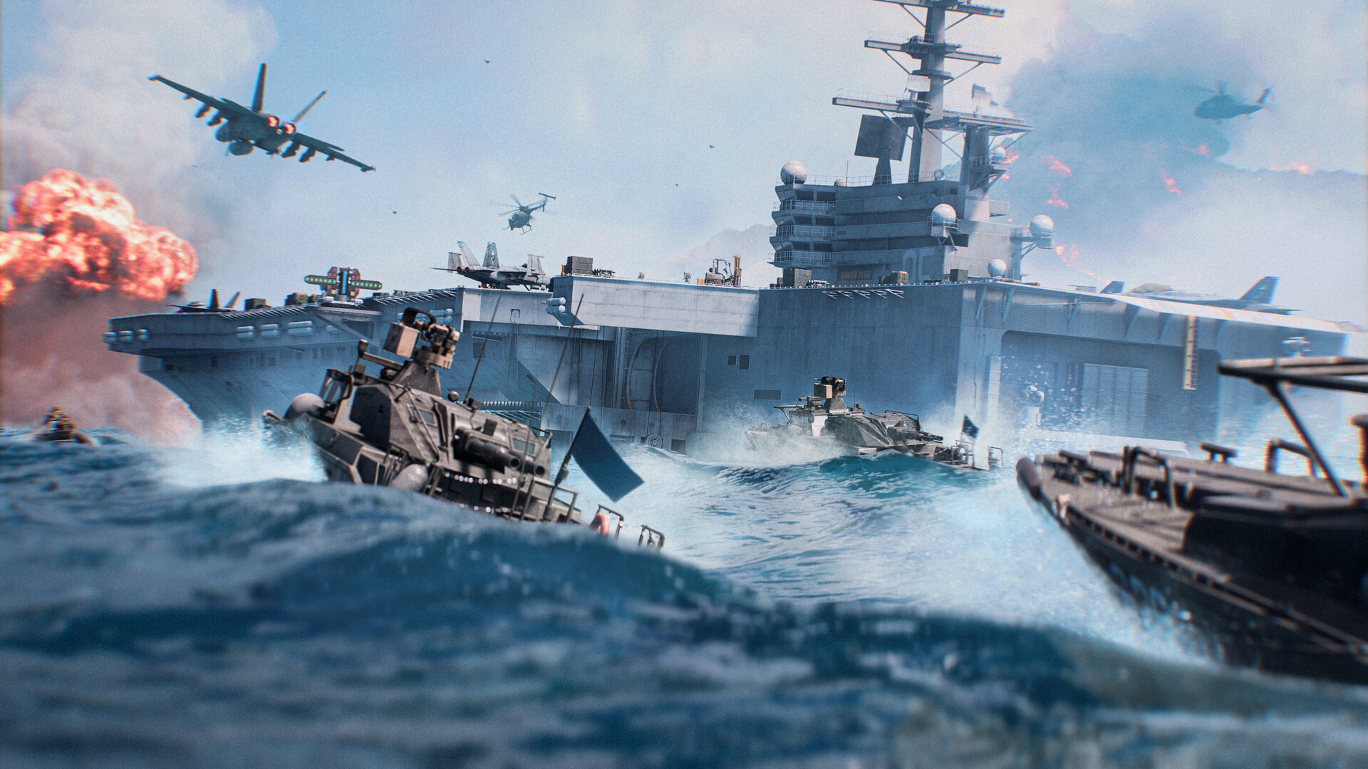 Bateaux d'assaut fonçant vers un porte-avions sous le feu dans Battlefield 6