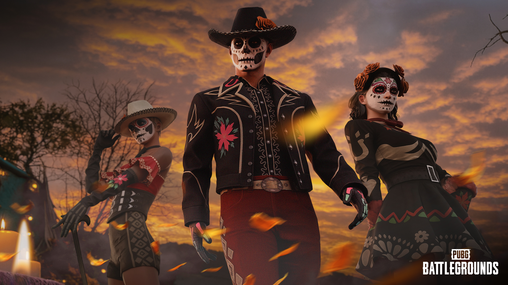 Trois personnages de PUBG en tenues inspirées du jour des morts, visages maquillés en calavera et chapeaux à larges bords, devant un ciel de crépuscule
