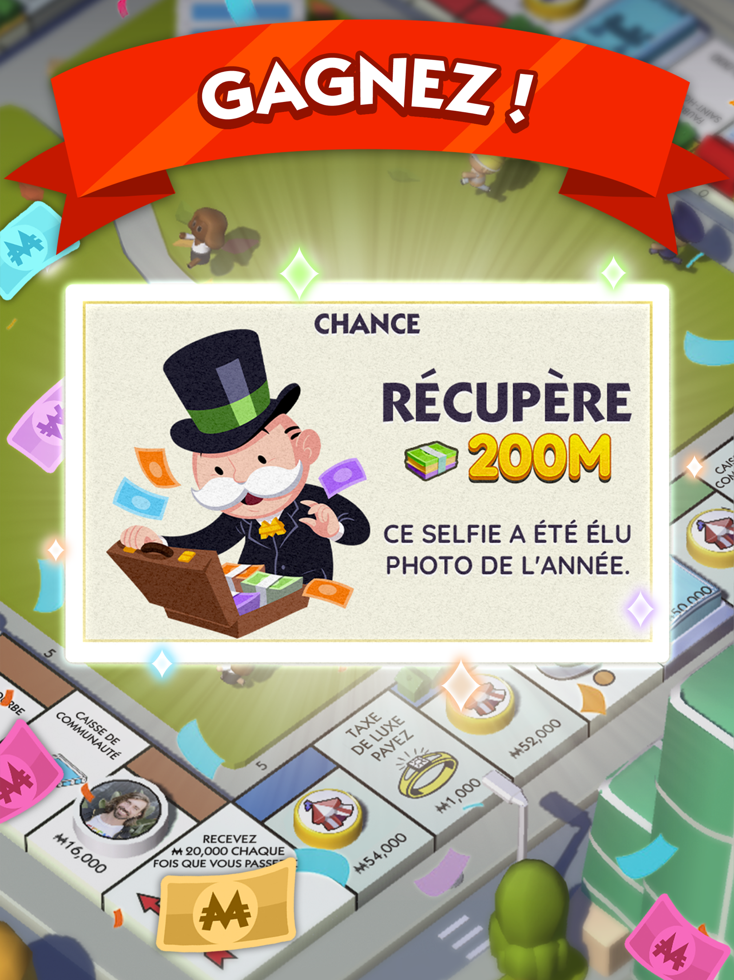 French MONOPOLY GO! board with Chance, Community Chest, and Luxury Tax spaces
