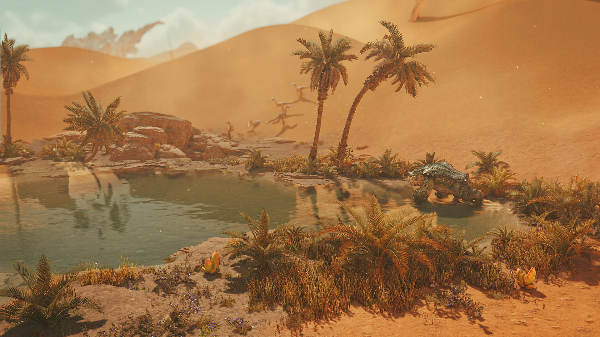Une oasis bordée de palmiers dans les Plaines venteuses de Monster Hunter Wilds