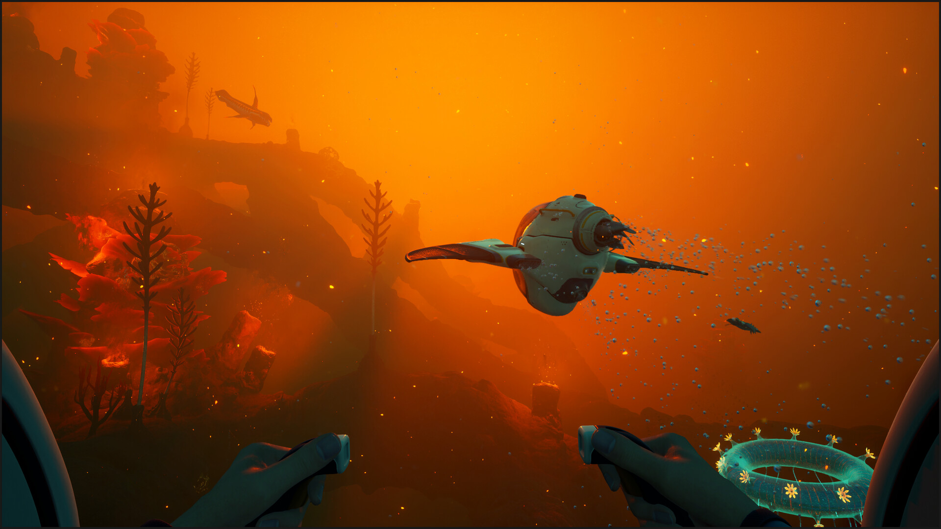 Un Têtard piloté dans une zone profonde et orangée de Subnautica 2