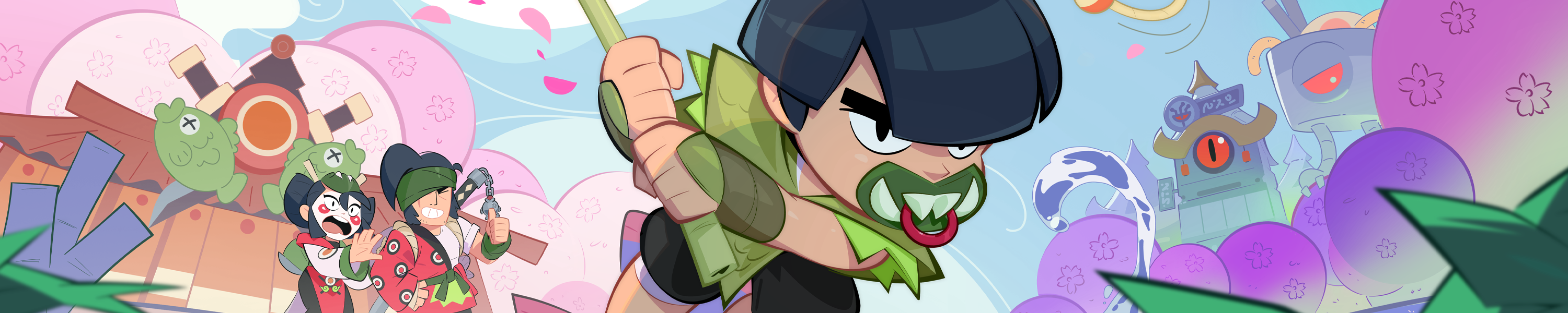 Illustration officielle de la mise à jour Rébellion de Ramen de Brawl Stars, avec Nori, Kaze et Kenji