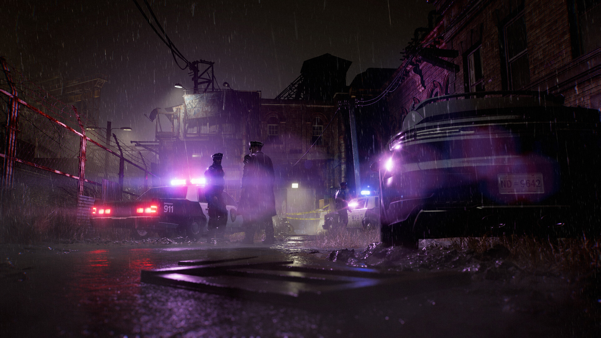 Scène de crime nocturne sous la pluie avec des voitures de police, dans le prologue de Resident Evil Requiem