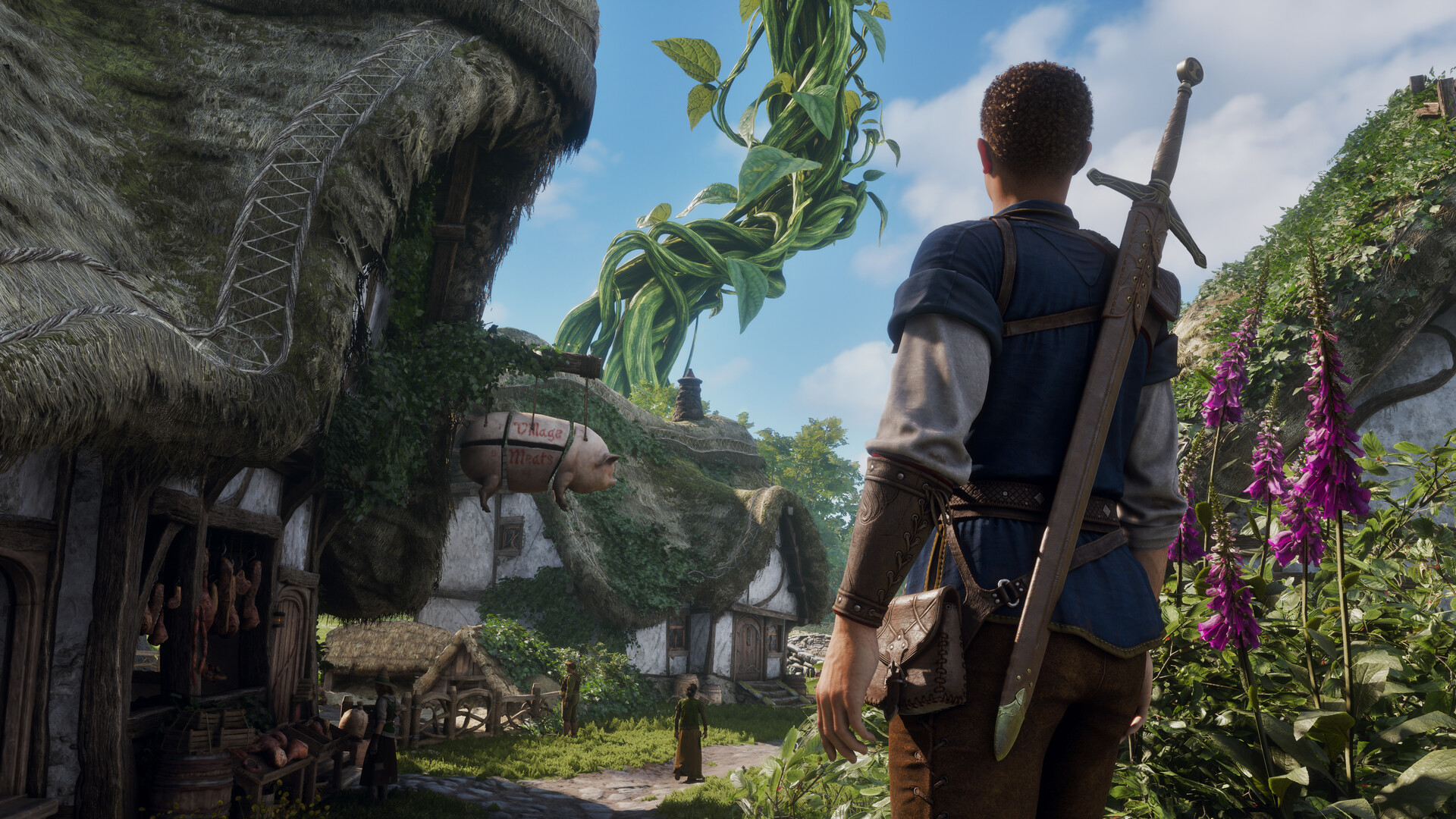 Un héros de Fable vu de dos, grande épée sanglée dans le dos, à l'entrée d'un village d'Albion