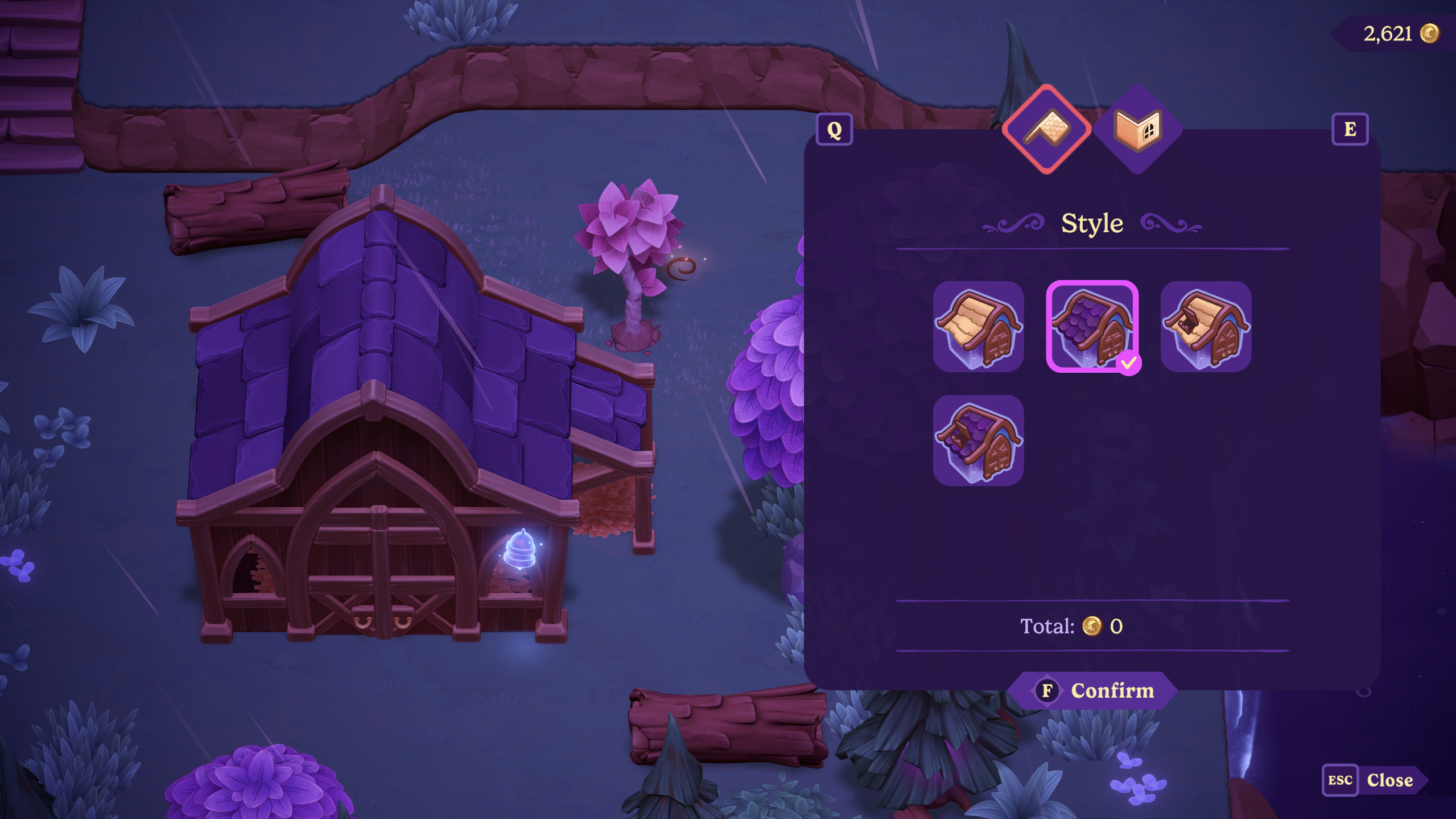 Écran de personnalisation d'une grange dans Moonlight Peaks, avec le menu de choix de style de toiture
