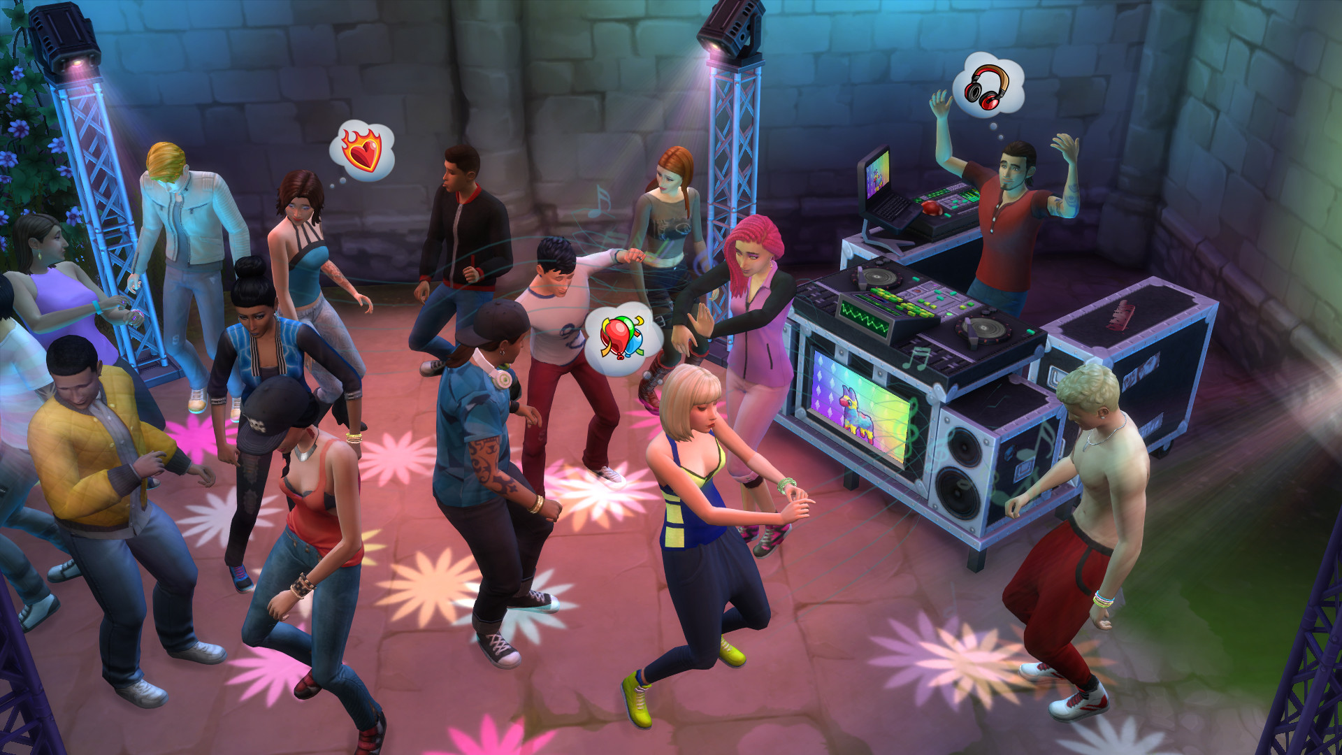 Piste de danse et platine DJ dans une boîte de nuit des Sims 4 Vivre ensemble