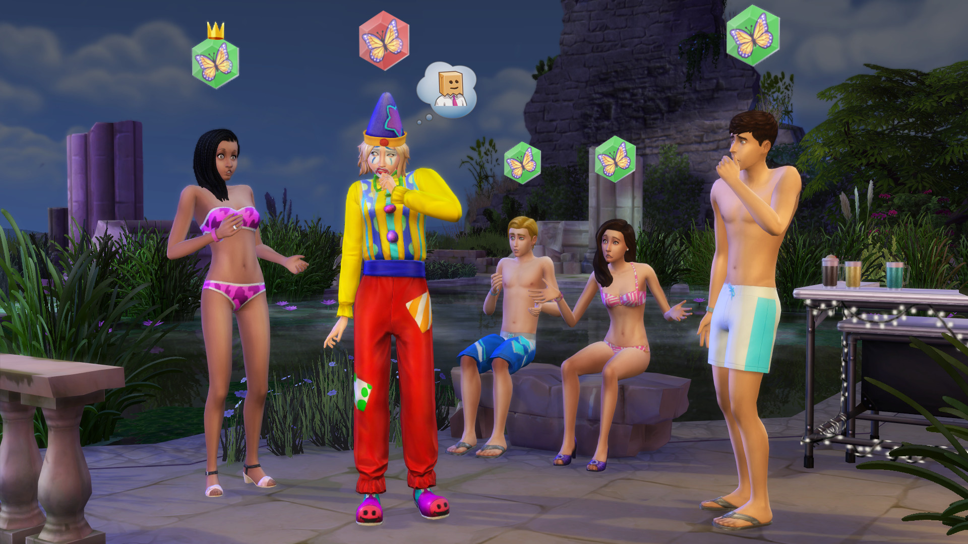 Réunion de groupe nocturne dans Les Sims 4 avec des hexagones verts et rouges au-dessus des Sims