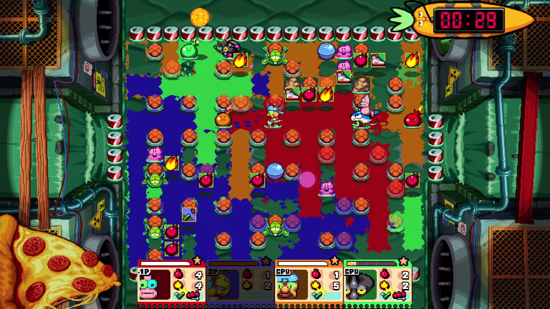 Arène de Blasterbug en pixel art vue de dessus, recouverte de larges taches de peinture bleues, rouges et vertes, avec quatre bestioles et des grenades posées au sol