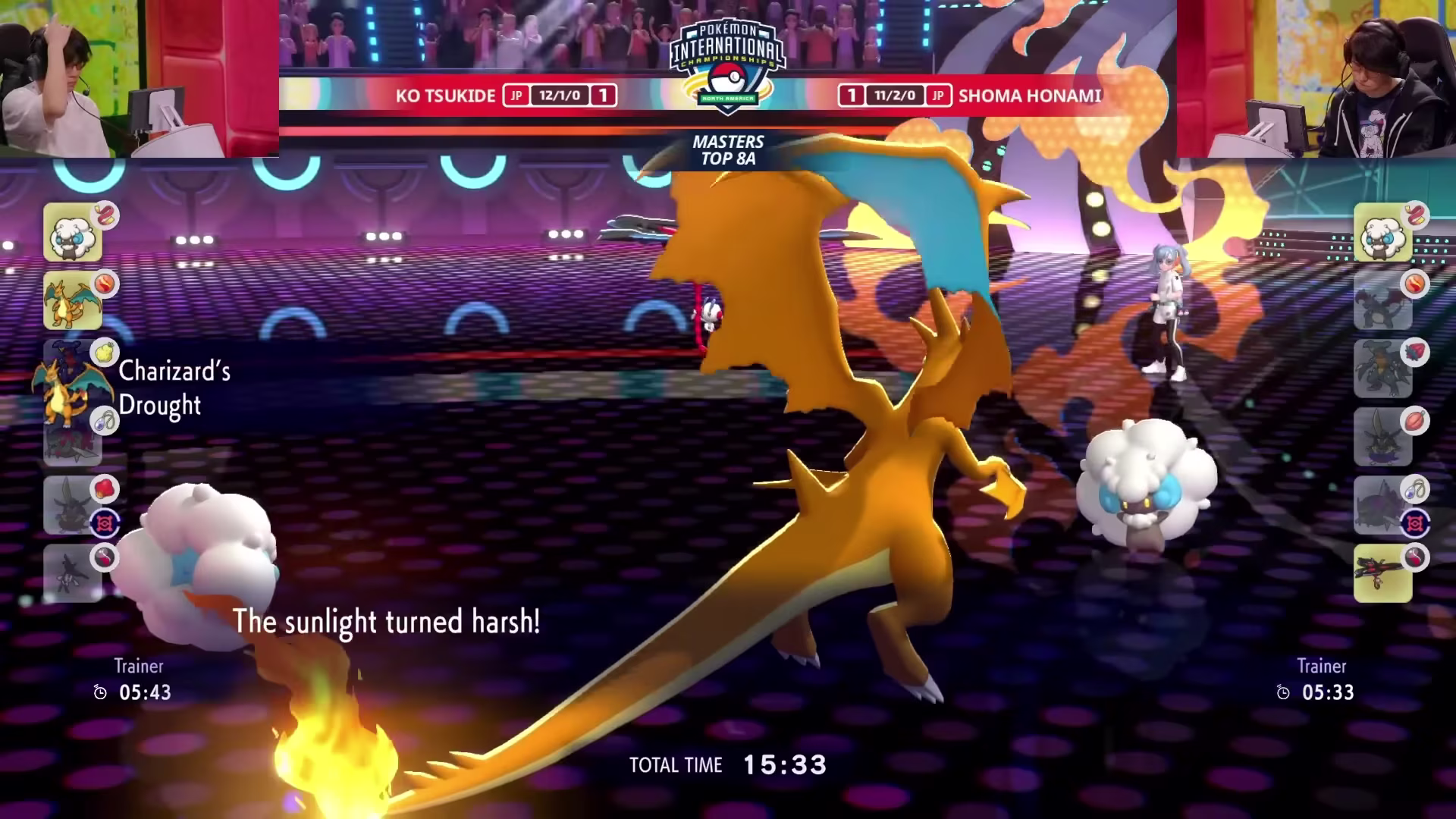 Méga-Dracaufeu Y déclenche son talent Sécheresse pendant un match du top 8 des Championnats Internationaux d'Amérique du Nord 2026 sur Pokémon Champions.