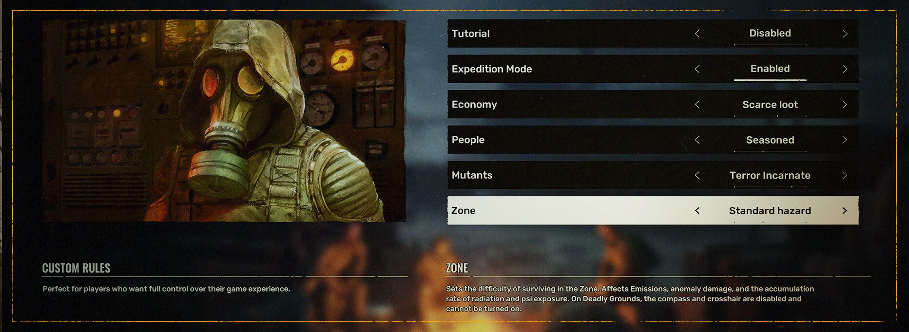Menu Custom Rules de S.T.A.L.K.E.R. 2 montrant six réglages indépendants, dont une ligne Economy réglée sur Scarce loot